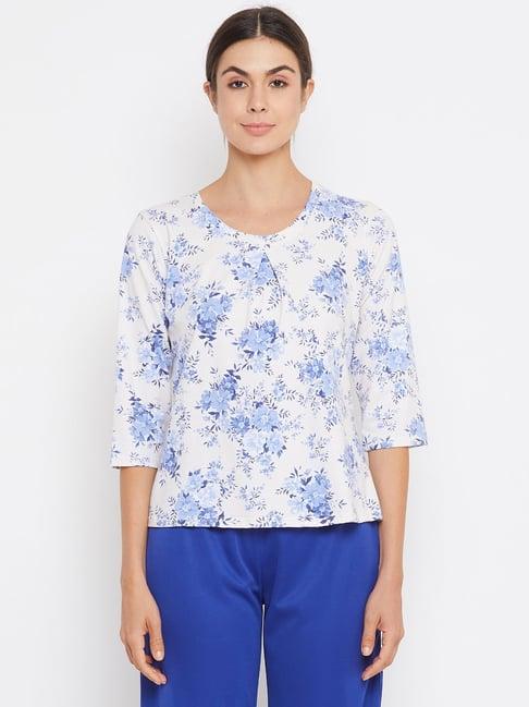 clovia white & blue floral print top