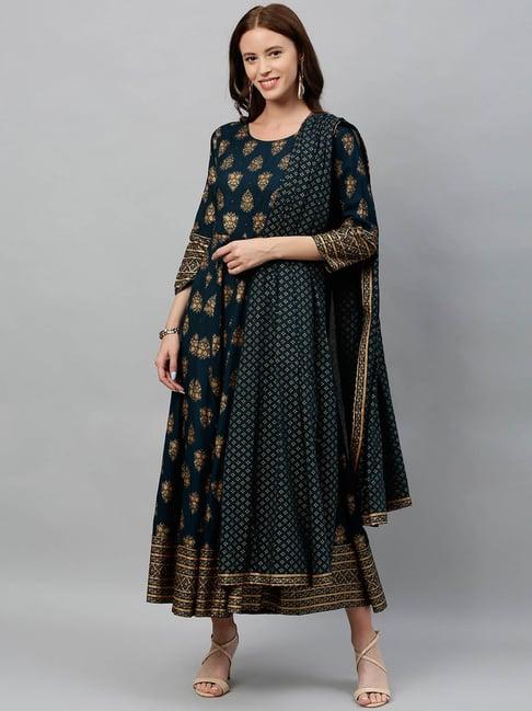 kipek teal rayon printed anarkali kurta with dupatta