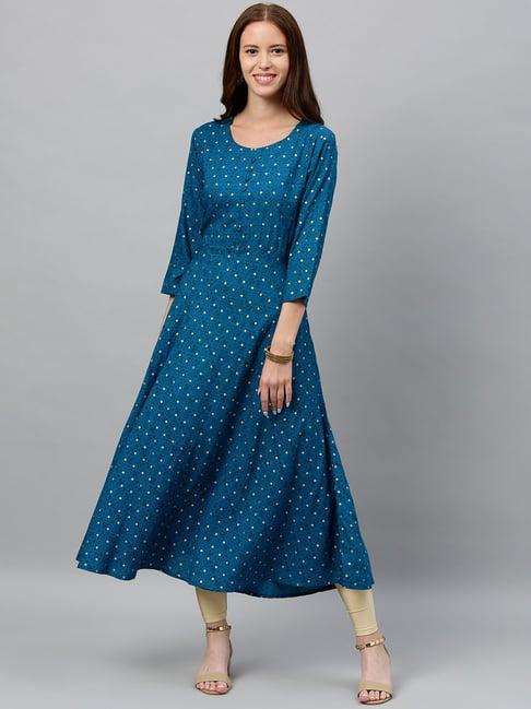 kipek blue rayon printed anarkali kurta