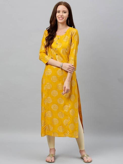 kipek mustard yellow rayon printed kurta