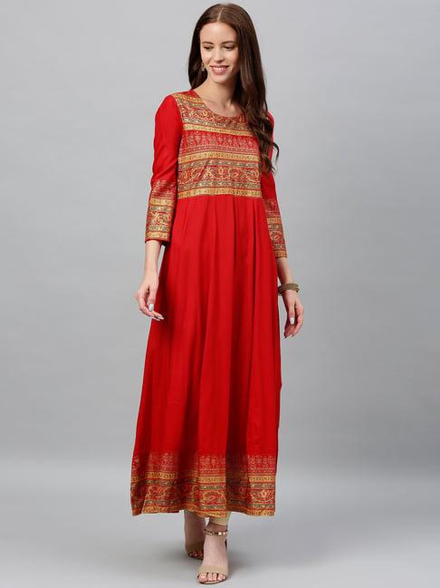 kipek red rayon printed anarkali kurta