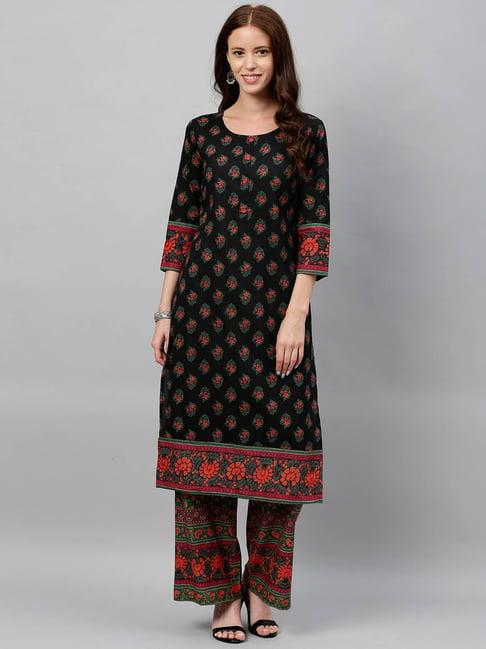 kipek black cotton printed kurta & palazzo set