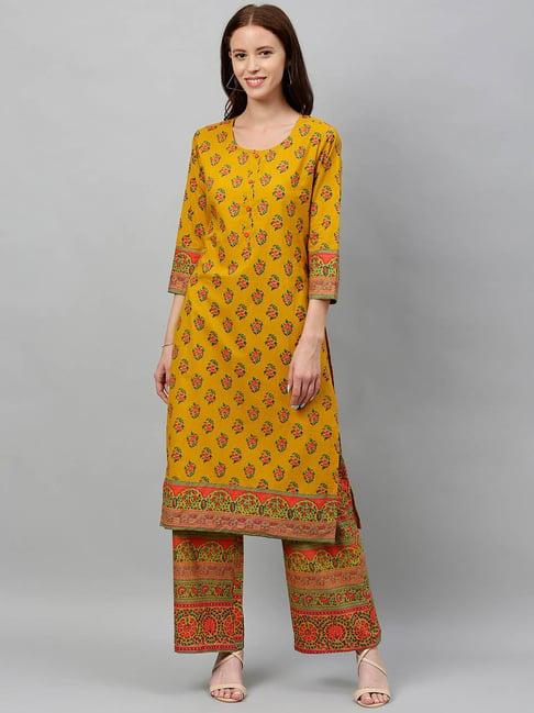 kipek mustard yellow cotton printed kurta & palazzo set