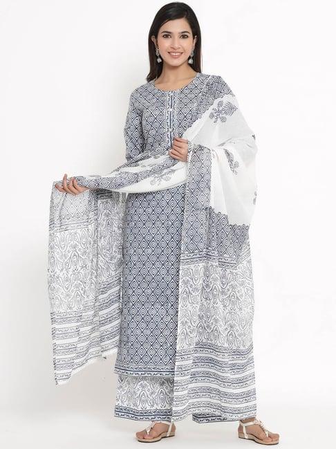 kipek blue cotton printed kurta with palazzo & dupatta