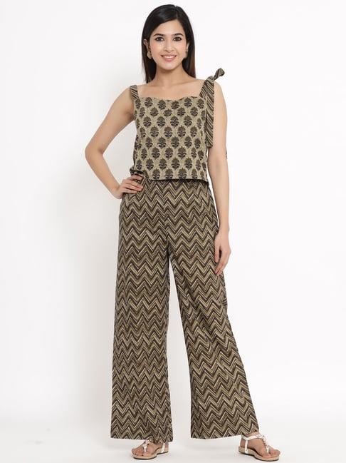 kipek brown cotton printed crop top & palazzo