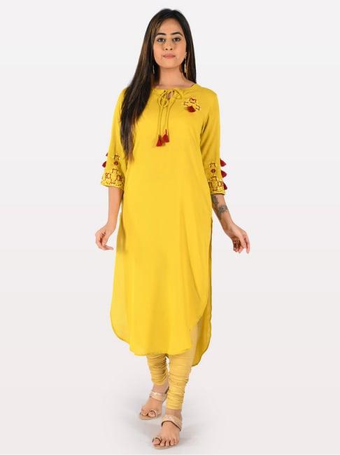 neeru's yellow embroidered high low kurta