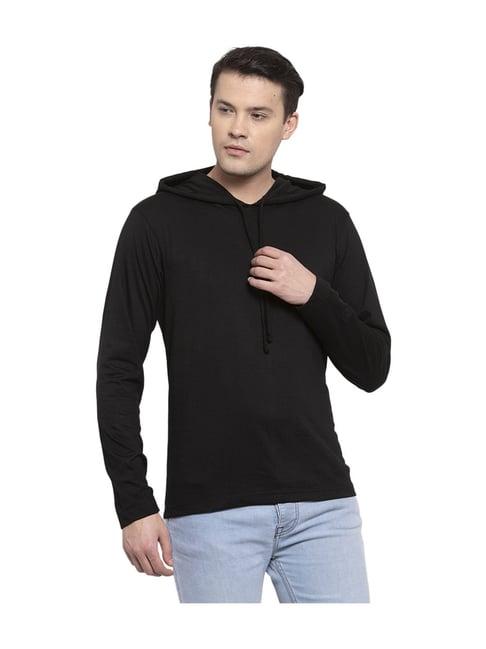 friskers black full sleeves cotton hooded t-shirt