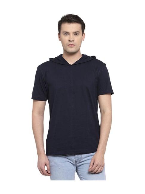 friskers navy cotton solid short sleeves hooded t-shirt