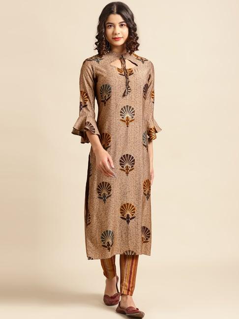 saadgi beige & yellow printed kurta pant set