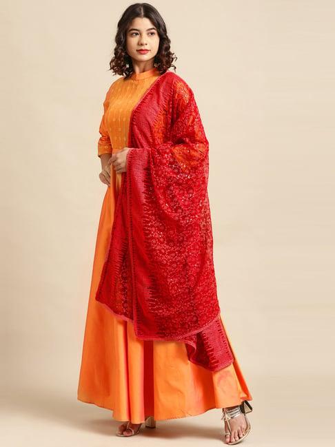 saadgi orange embellished a line kurta with dupatta