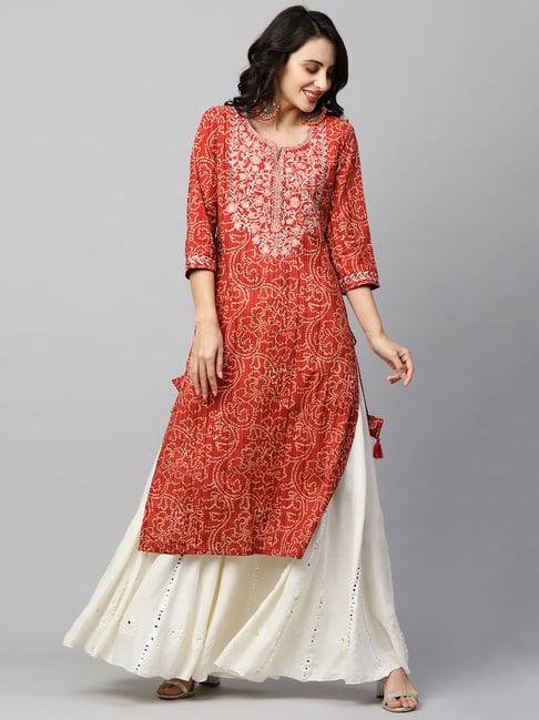 fashor red bandhani straight kurta