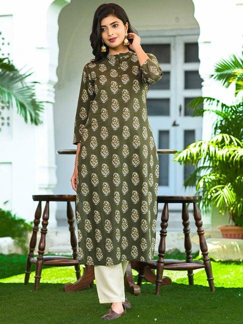 yufta olive printed kurta & palazzo set