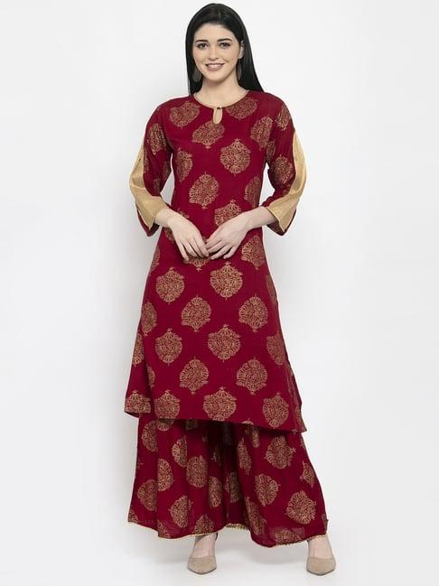 clora creation maroon printed kurta sharara set