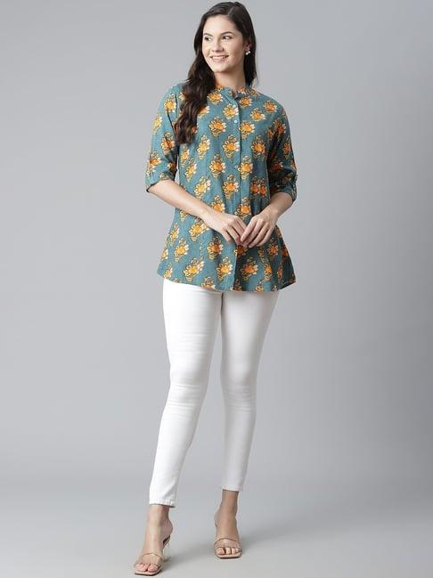 divena cotton sea green floral top