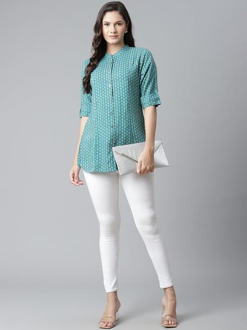 divena cotton sea green floral top