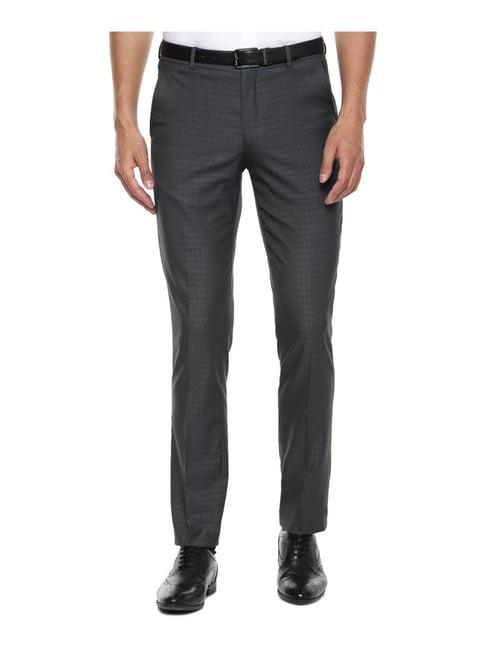 louis philippe dark grey slim fit checks flat front trousers