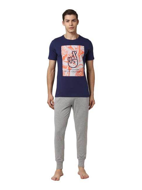 peter england navy & grey cotton regular fit printed t-shirt with joggers