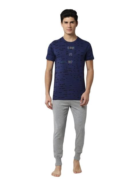 peter england navy & grey cotton regular fit printed t-shirt with joggers