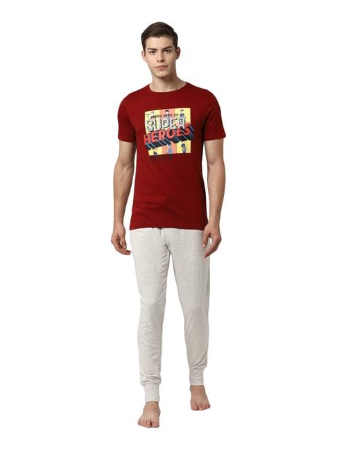 peter england maroon & off white cotton regular fit printed t-shirt with joggers