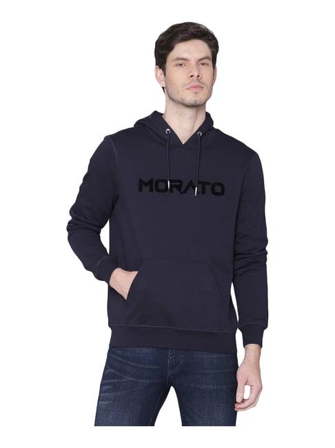 antony morato navy cotton regular fit logo printed hooded sweatshirt