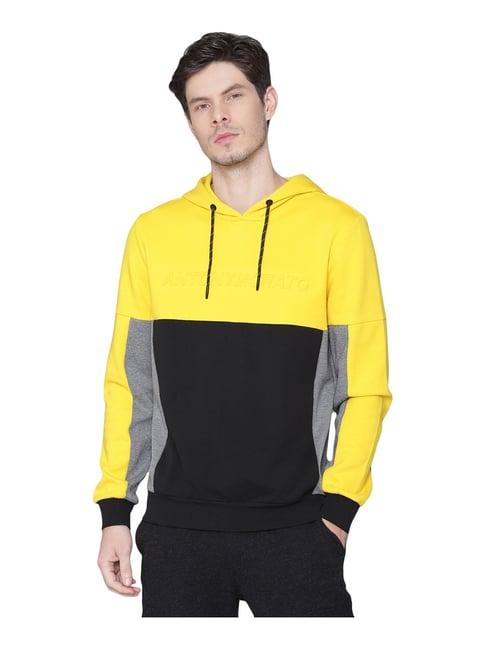 antony morato yellow & black cotton regular fit colour block hooded sweatshirt