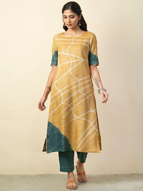 fabindia yellow & green printed kurta pant set