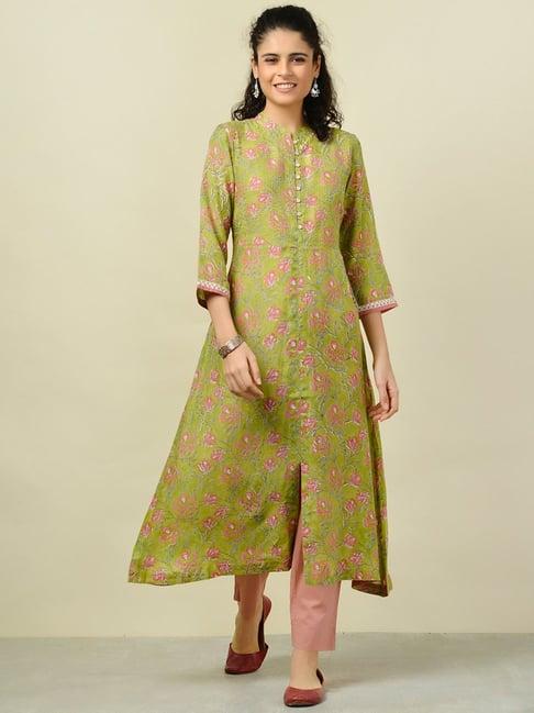 fabindia green printed a line kurta