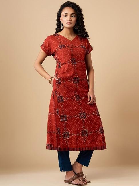 fabindia brown cotton printed straight kurta