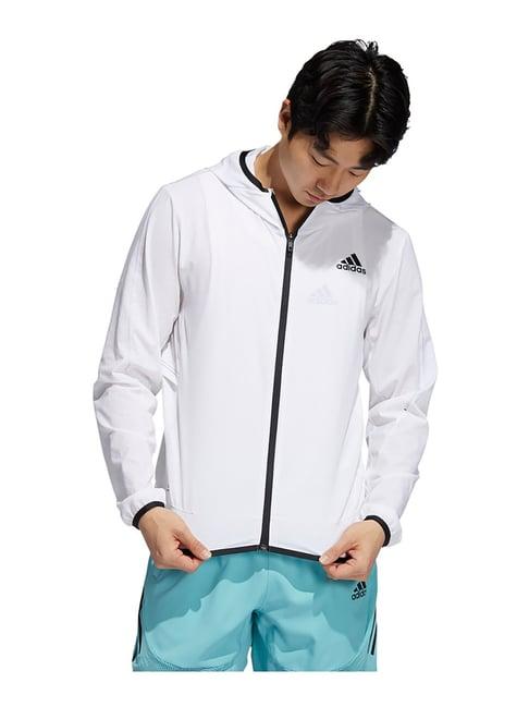 adidas white full sleeves polyester hooded jacket