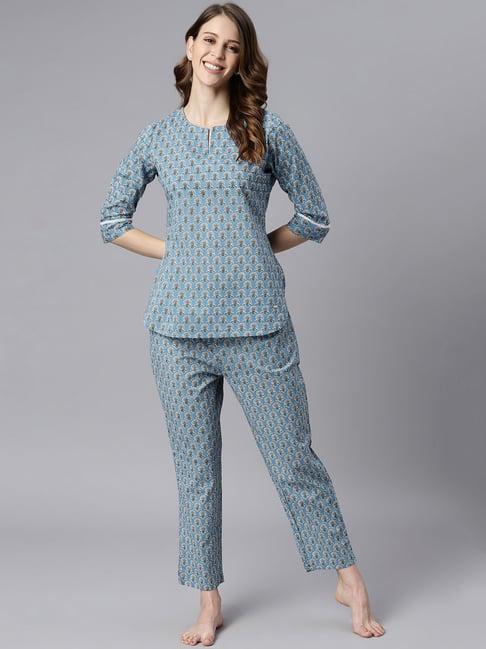 janasya blue printed top with pyjama