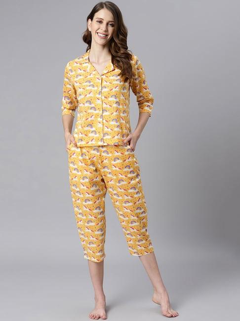 janasya yellow printed shirt with capris