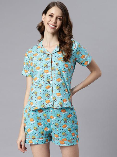 janasya blue printed shirt with shorts