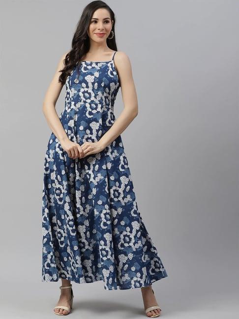 divena blue cotton printed maxi dress