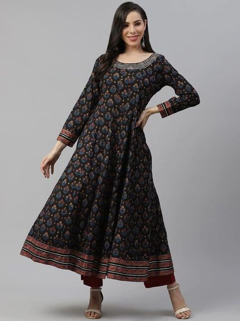 divena black cotton printed a line kurta