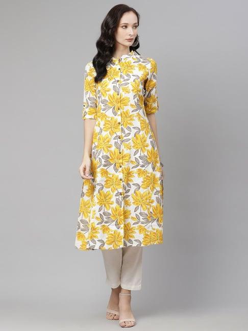 divena white & yellow cotton printed straight kurta