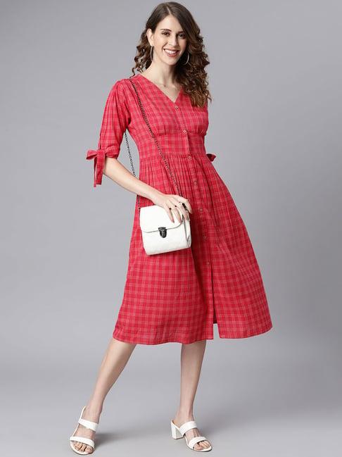 janasya red check a line dress