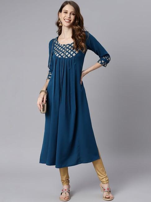 janasya blue printed a line kurta