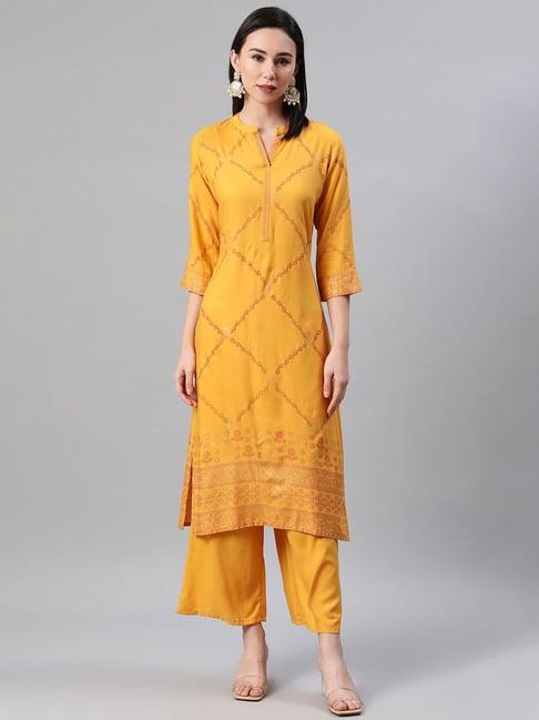 ziyaa yellow printed kurta palazzo set