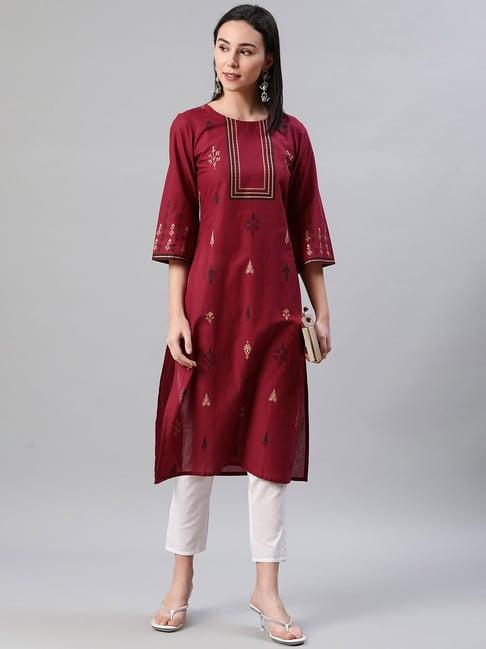 ziyaa red cotton printed straight kurta