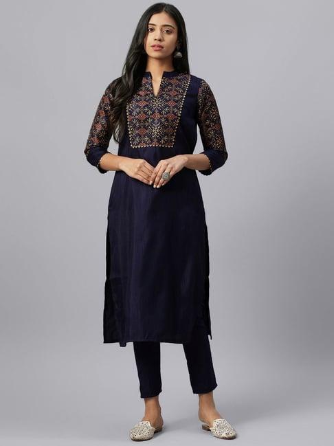 ziyaa navy printed straight kurta