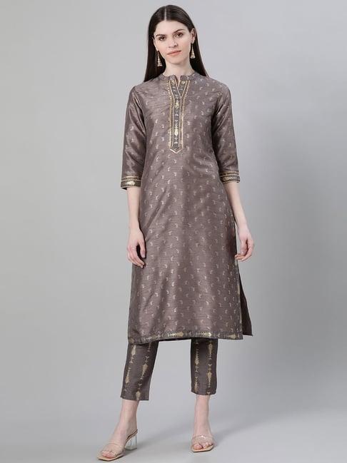 ziyaa grey printed straight kurta