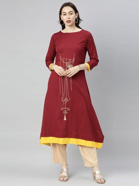 neeru's maroon embroidered a line kurta