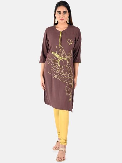 neeru's brown embroidered straight kurta