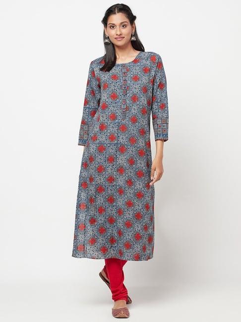 fabindia grey cotton printed straight kurta