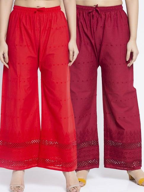 gracit red & maroon flared fit cotton palazzos pack of - 2