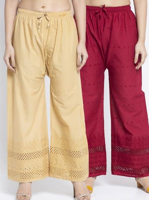 gracit beige & maroon flared fit cotton palazzos pack of - 2