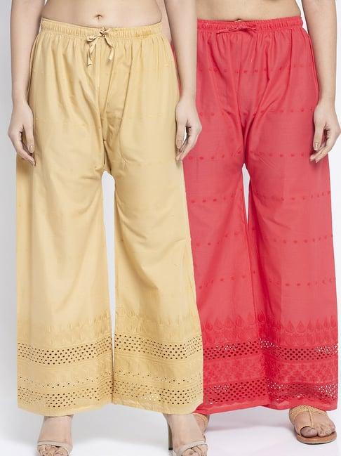 gracit beige & gajri flared fit cotton palazzos pack of - 2