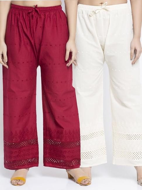 gracit maroon & off white flared fit cotton palazzos pack of - 2