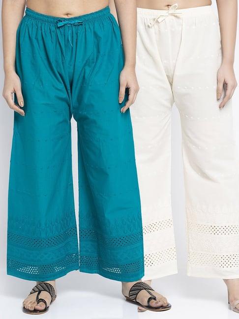 gracit turquiose & off white flared fit cotton palazzos pack of - 2