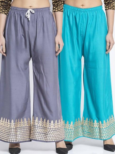 gracit grey & sky blue flared fit rayon palazzos pack of - 2